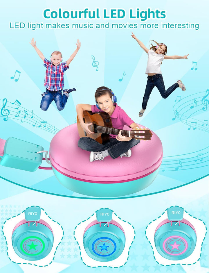 riyo Bluetooth Kopfhörer Kinder, Kinderkopfhörer Kabellos mit LED-Leuchten Bluetooth 5.0 Kinder Kopf