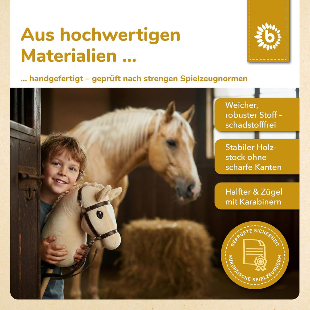 Bieco Hobby Horse Steckenpferd Beige - Grösse S, mit Trense | Abnehmbarer Stock &amp; Schweif, für Sprin