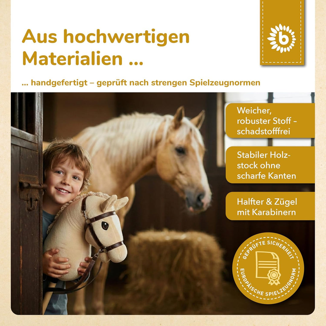 Bieco personalisiertes Hobby Horse Steckenpferd Beige - Grösse M, mit Trense | Abnehmbarer Stock & S