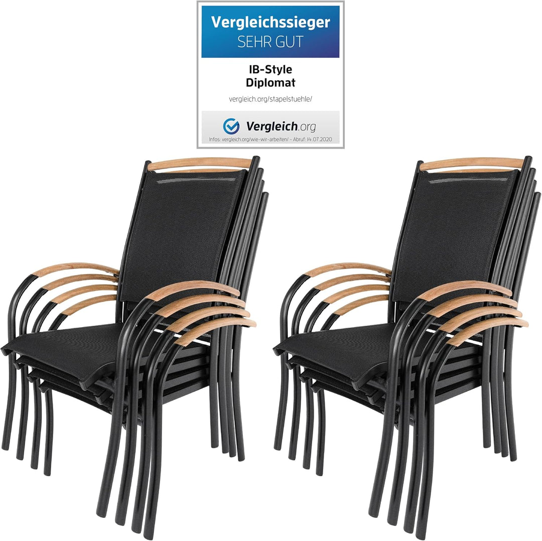 ib style - 8er Set Diplomat Stapelstuhl Schwarz | Gartenstuhlset Stapelbar | Aluminium Mehrfach gewe
