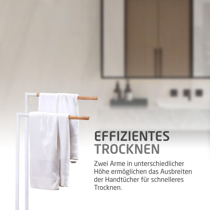 Amig - Weisser freistehender Handtuchhalter mit Holzstangen - Doppelständer für Badetücher - Minimal
