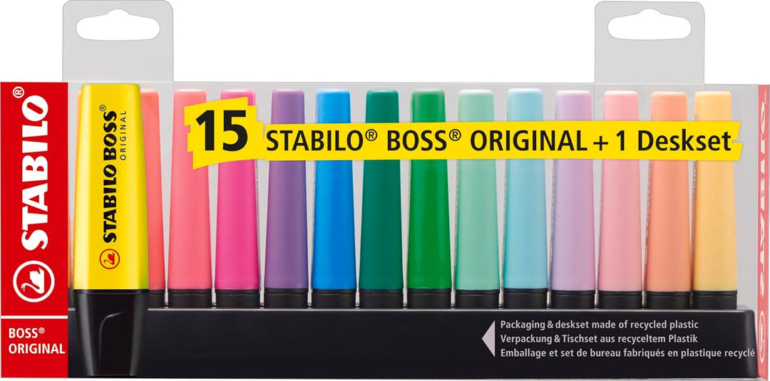 Textmarker - STABILO BOSS ORIGINAL - 15er Tischset - mit 9 Leuchtfarben & 6 Pastellfarben, 15er Tisc