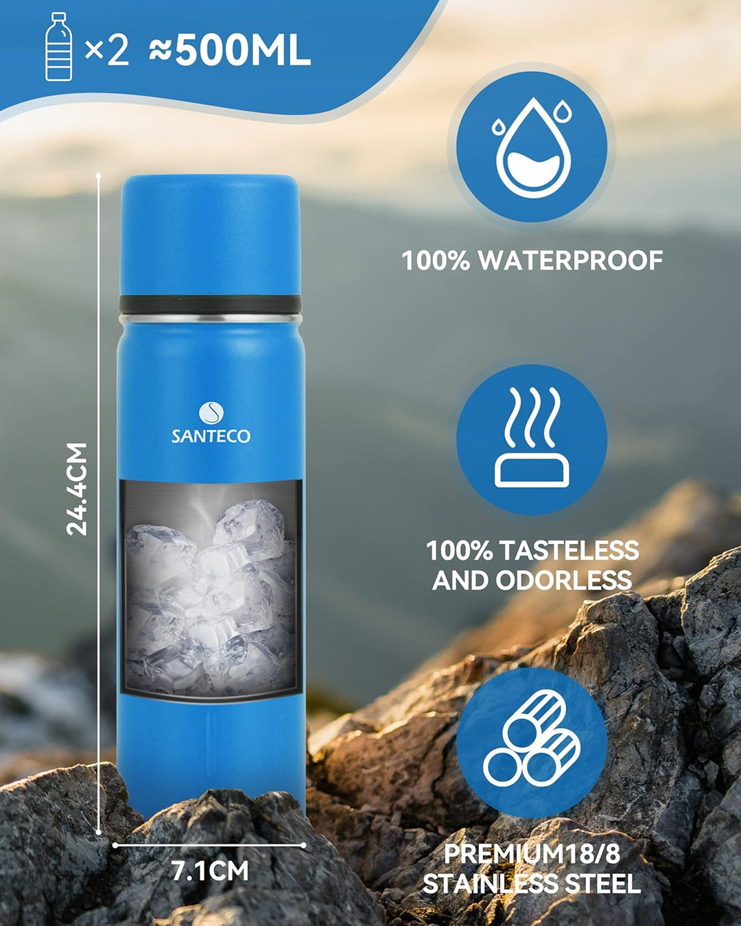 SANTECO Thermoskanne Thermosflasche Edelstahl 1l, 500ml, Auslaufsicher Isolierflasche mit Trinkbeche