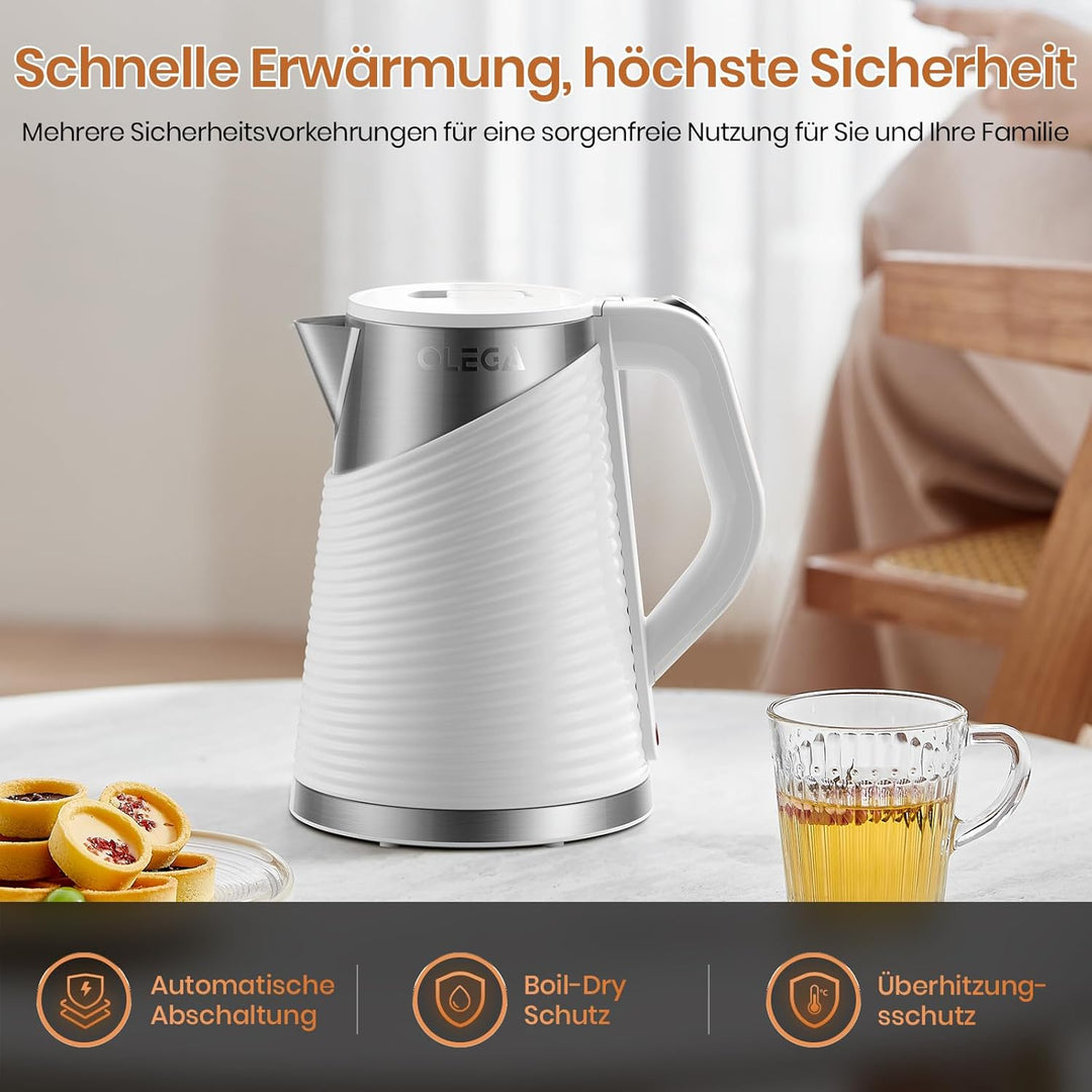 OLEGA Wasserkocher 1800W - schnell kochender Heisswasserkessel, 1,8 l Abschaltautomatik Doppelschich
