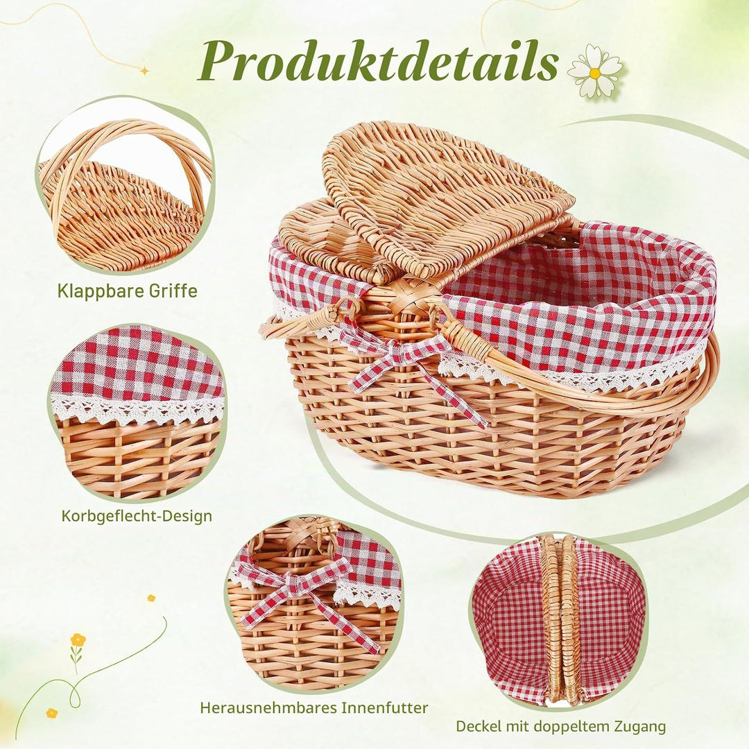 Picknickkorb, Picknickkorb mit Doppelt zu öffnendem Deckel und Klappbarem Griff, Handgewebter Korb m