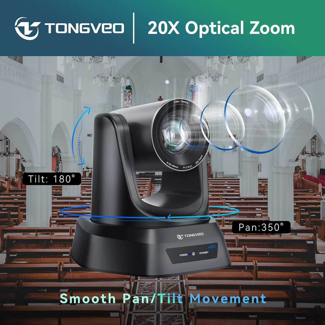 TONGVEO 4K AI PTZ-Kamera mit Auto-Tracking und 20-fachem optischem Zoom, Konferenzkamera mit HDMI/US