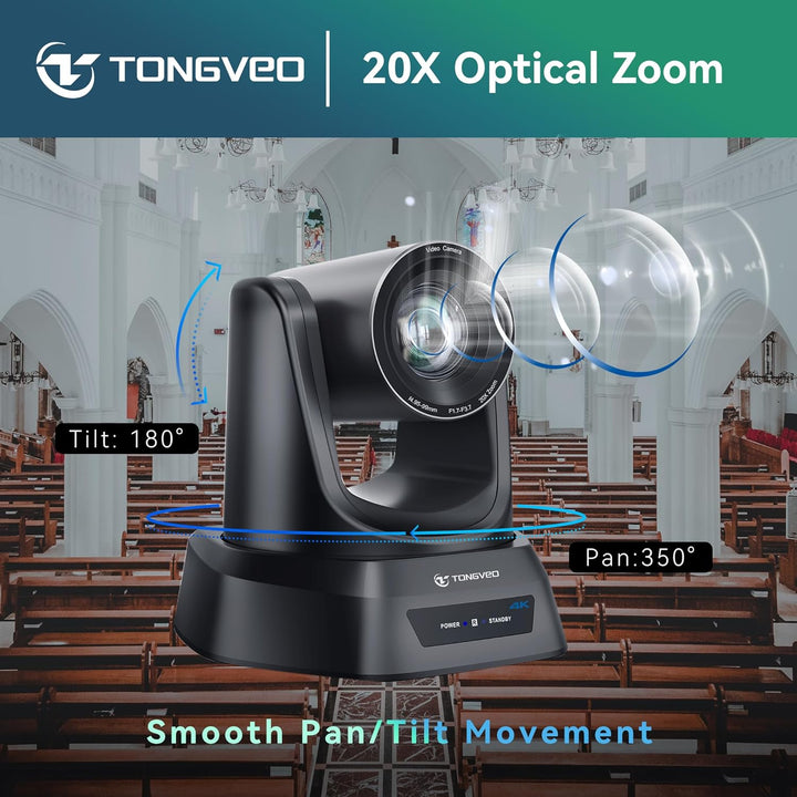 TONGVEO 4K AI PTZ-Kamera mit Auto-Tracking und 20-fachem optischem Zoom, Konferenzkamera mit HDMI/US