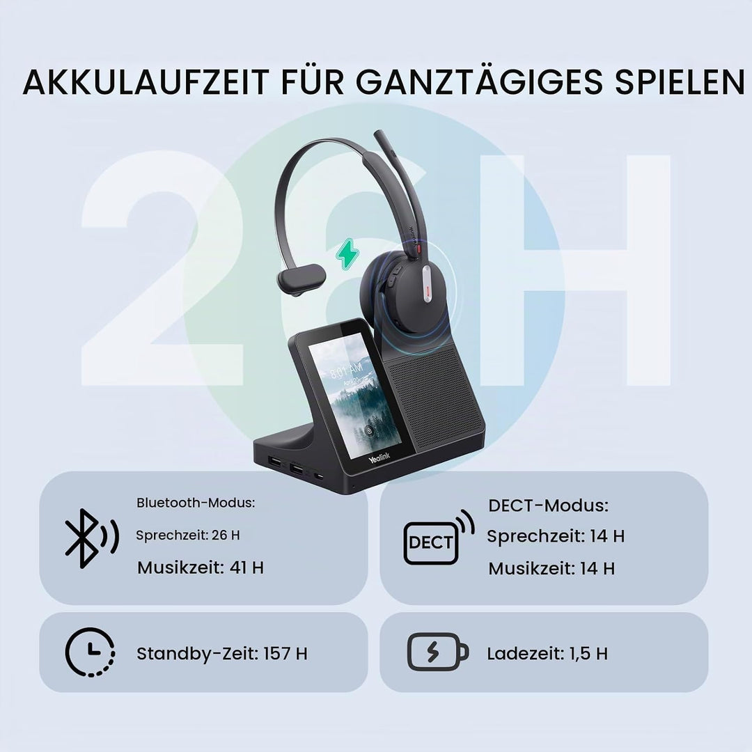 Yealink WH64 Workstation Mono Kabelloses DECT &amp; Bluetooth Headset, Noise Cancelling Mikrofon, Touchs