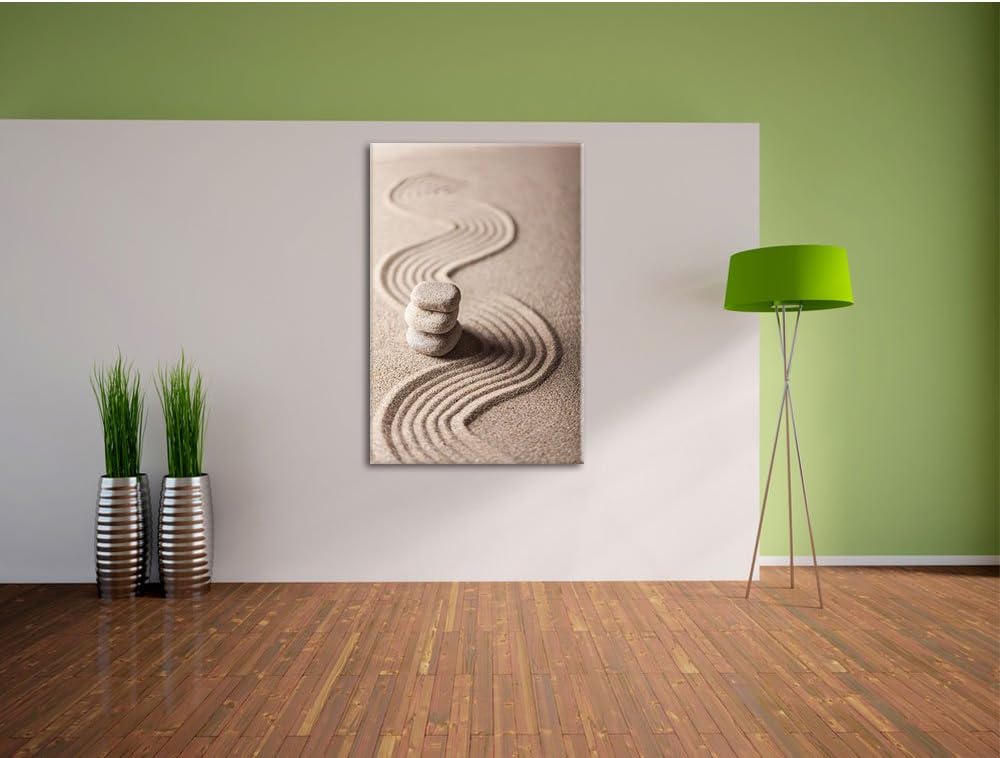 Pixxprint Wellenmuster im Sand mit Steinen, Format: 100x70 auf Leinwand, 100x70