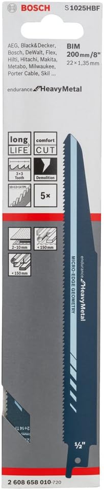 Bosch Accessories Professional 5 Stück Säbelsägeblatt S 1025 HBF Endurance for Heavy Metal (for Meta