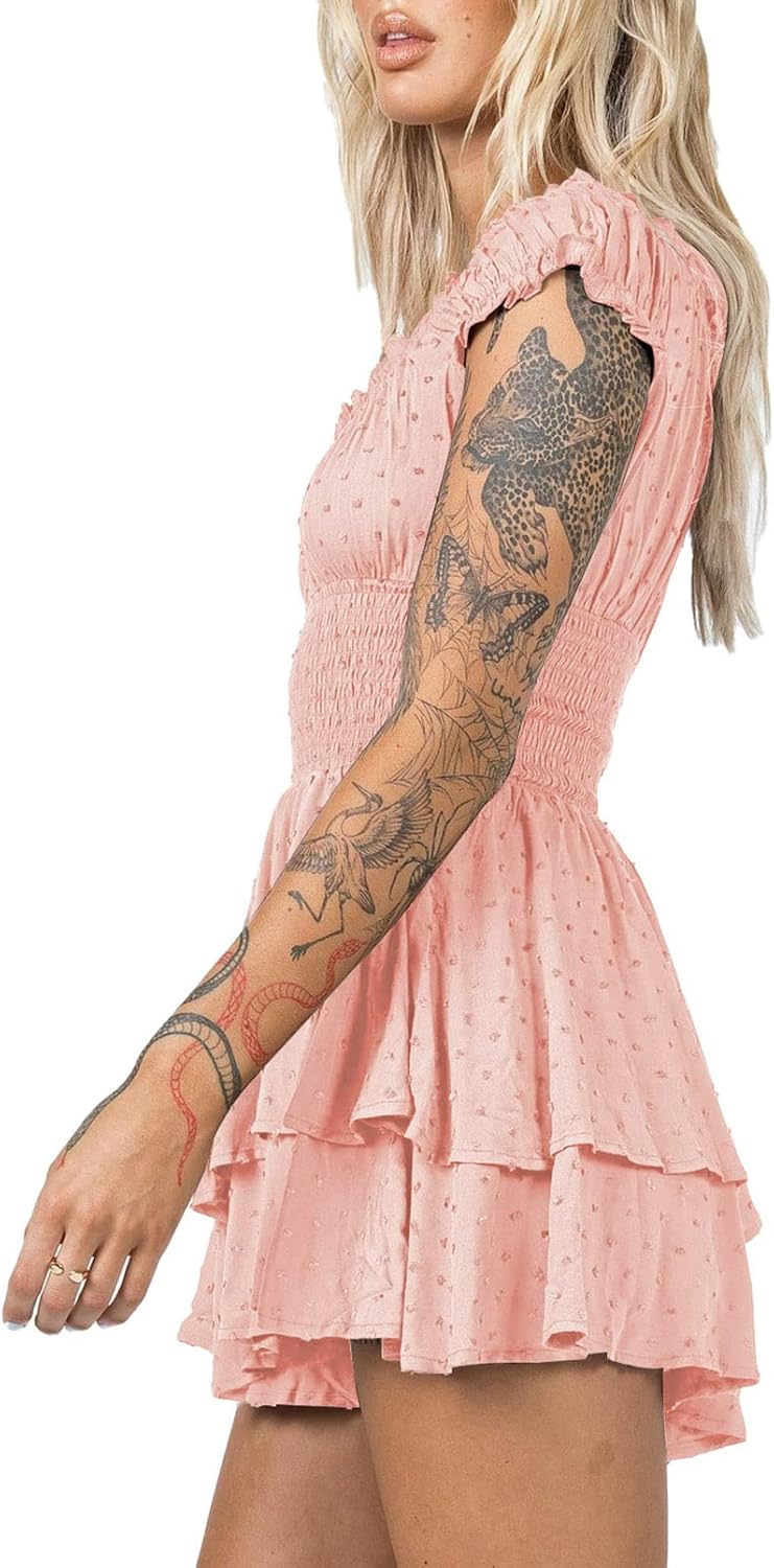 Viottiset Damen Rüschen Shorts Strampler Schulterfrei Swiss Dot Sommer Overalls L Rosa, L Rosa