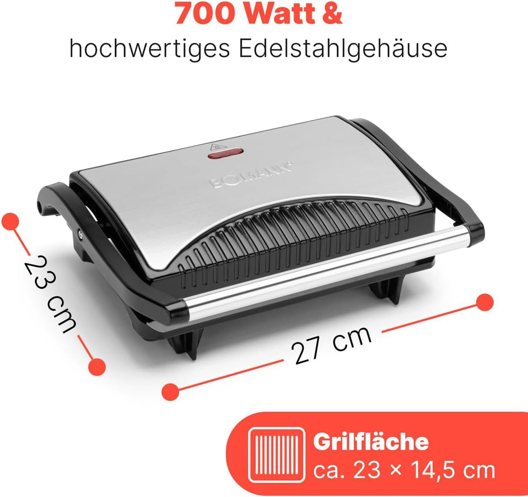 Bomann® Kontaktgrill | beidseitiges fettfreies Grillen | 700W | antihaftbeschichtete Grillplatten |
