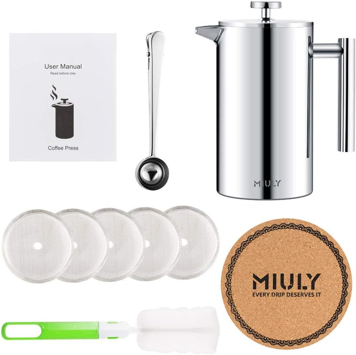 MaxMiuly Kaffeebereiter 1 Liter French Press, Doppelwandig Edelstahl Kaffeepresse Caffettiera, Therm
