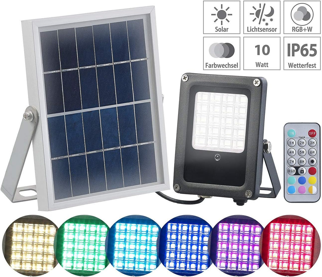 Luminea Solar Strahler RGB: Solar-LED-Fluter für aussen, RGBW, 10 Watt, mit Fernbedienung & Timer (S