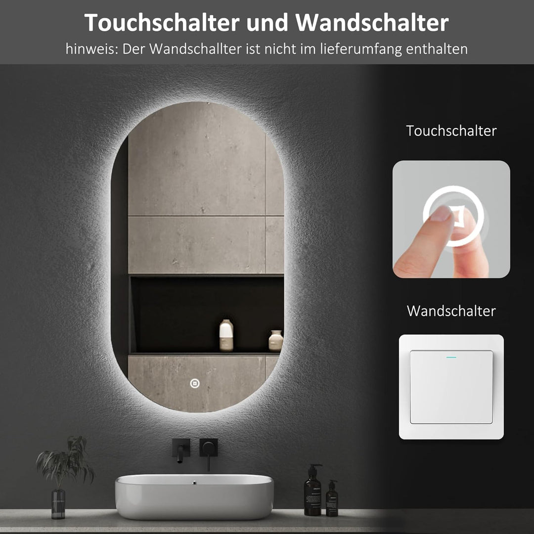 Boromal Badspiegel mit Beleuchtung Oval Led Spiegel mit Touch-Schalter, Dimmbar, 3 Lichtfarbe Einste