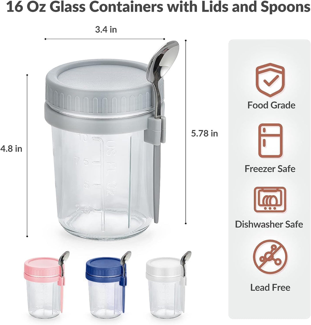 Collazoey 4 Stück Glas Müslibecher to go mit Deckel und Löffel, 400ml Haferbehälter, Overnight Oats