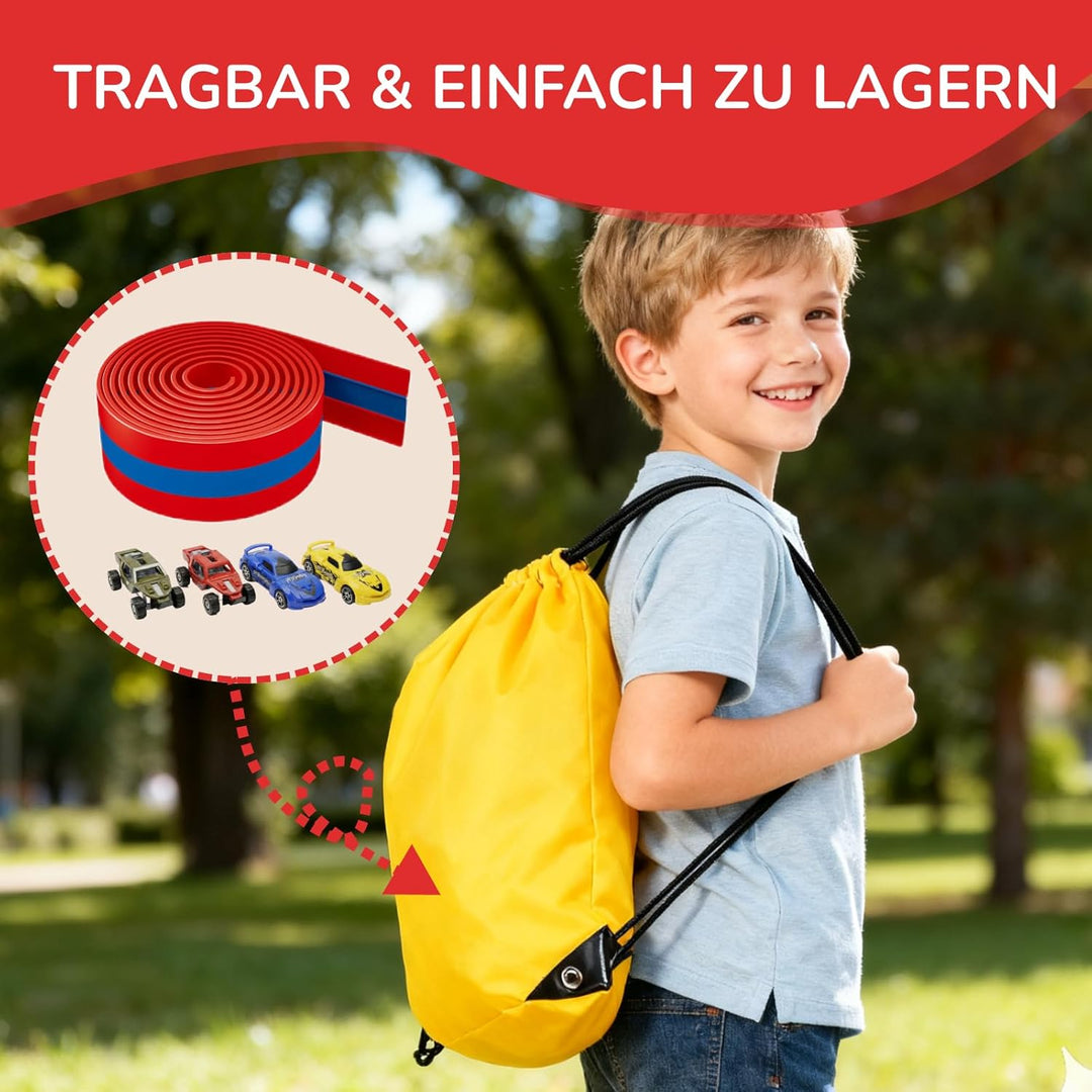 3-Spur Flexible Autorennbahn Set mit 2 Loopings (5M), Rennbahn mit Autos & Tragtasche, Schwerkraft &