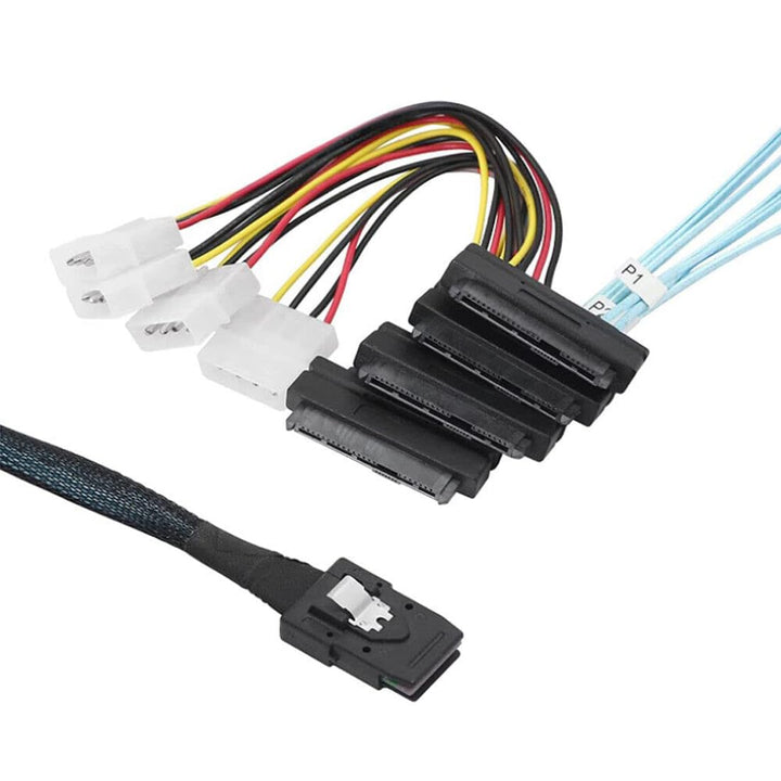 Bolwins P47CS Mini SAS 36-Pin Stecker (SFF-8087) auf 4x 29-Pin SFF-8482 & 4-Pin Molex IDE-Stromkabel