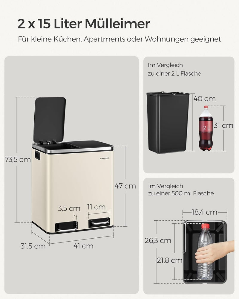 SONGMICS Küchenmülleimer, 2 x 15 l, Doppeleimer für Recycling und Abfall, Treteimer mit zwei Fächern