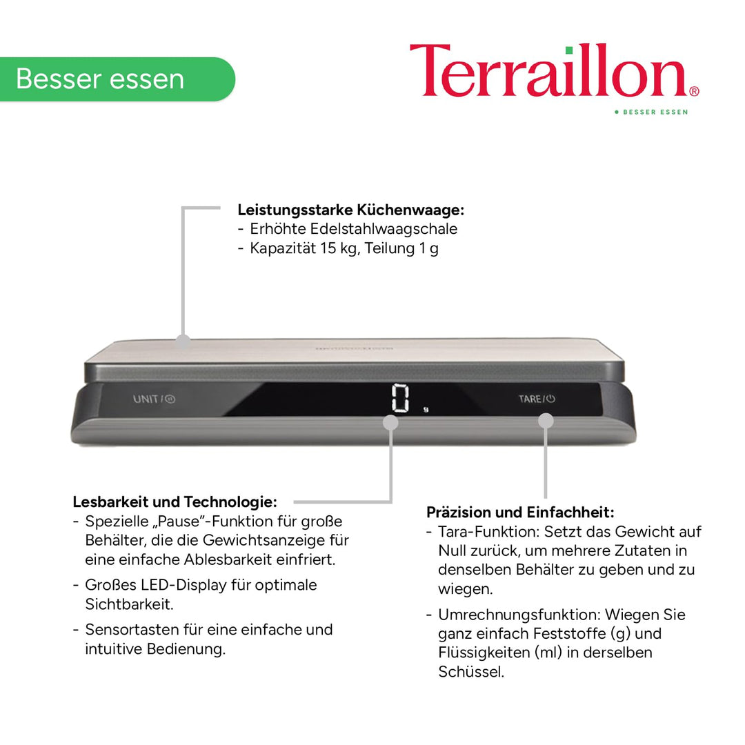 TERRAILLON - PRO USB15 – Professionelle elektronische Küchenwaage, grosse Platte aus Edelstahl, 23 x