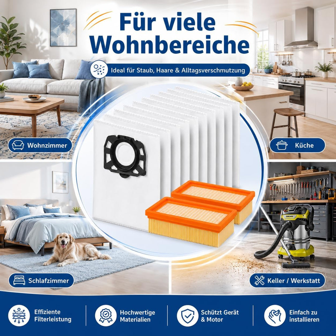 10 Stück Staubsaugerbeutel + 2 Stück Filter Ersatzset Kompatibel mit Kärcher WD4 WD5 WD6 WD5P WD6P M