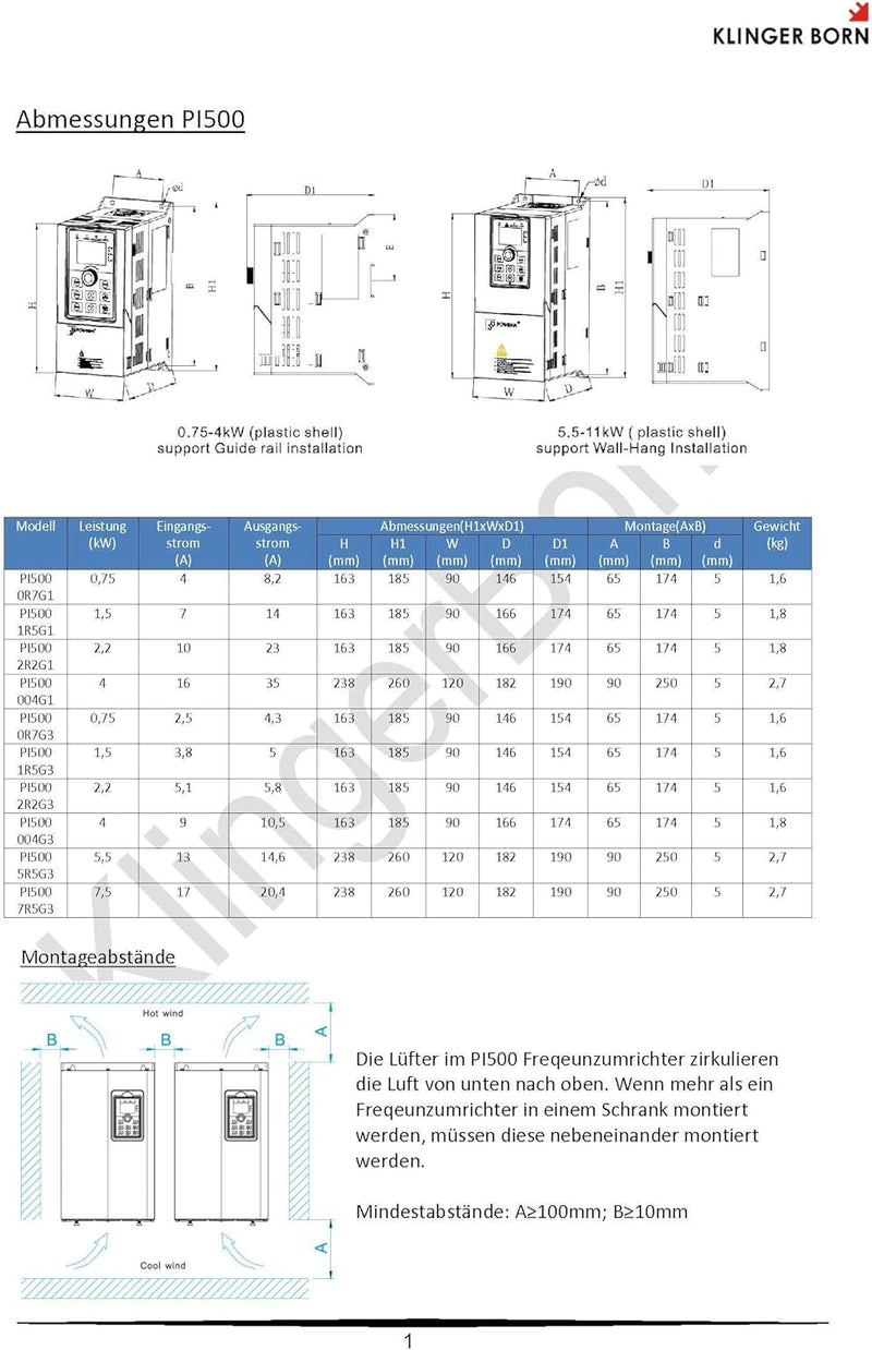 Frequenzumrichter FU-PI500-0R7G1 1Ph-230V 0,75kW, Alternative zu PI9130 / PI8100