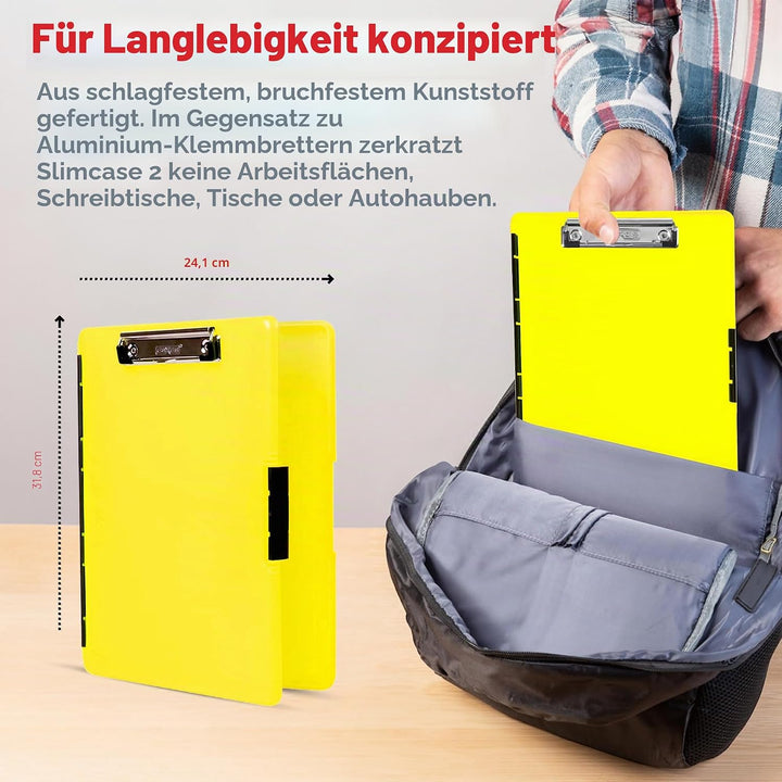 Dexas Slimcase 2, Kunststoff-Klemmbrett mit Aufbewahrung und seitlicher Öffnung, Neongelb, Bürobedar