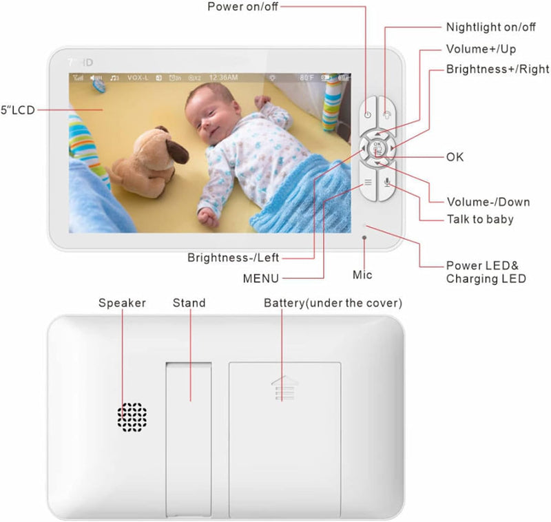Septpenta Babyphone mit Kamera und Audio, Zwei Wege Audio Smart Babyphone mit 7 Zoll 1024 X 600 Bild