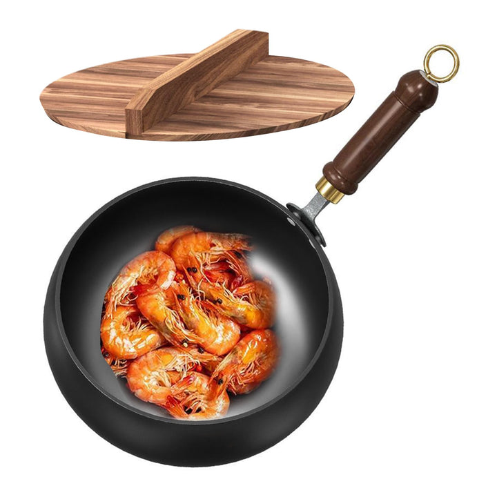 Gusseisen-Woks, multifunktional, nicht beschichtet, mit verbrühungsfreiem Griff, 24 cm Durchmesser,