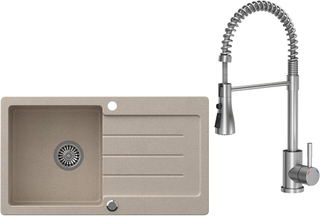VBChome Spülbecken Beige mit Armatur 77 x 44 cm Granit Einzelbecken Einbauspüle gesprenkelt reversib