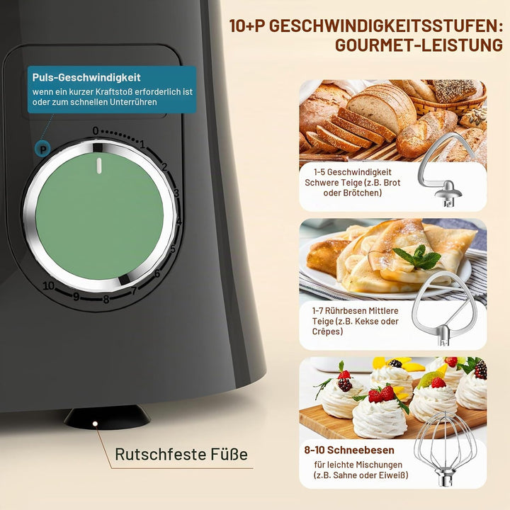 Küchenmaschine Knetmaschine 1500W | Facelle 5,5&amp;4,5L Teigmaschine Rührmaschine | Geräuscharm| 10+P T