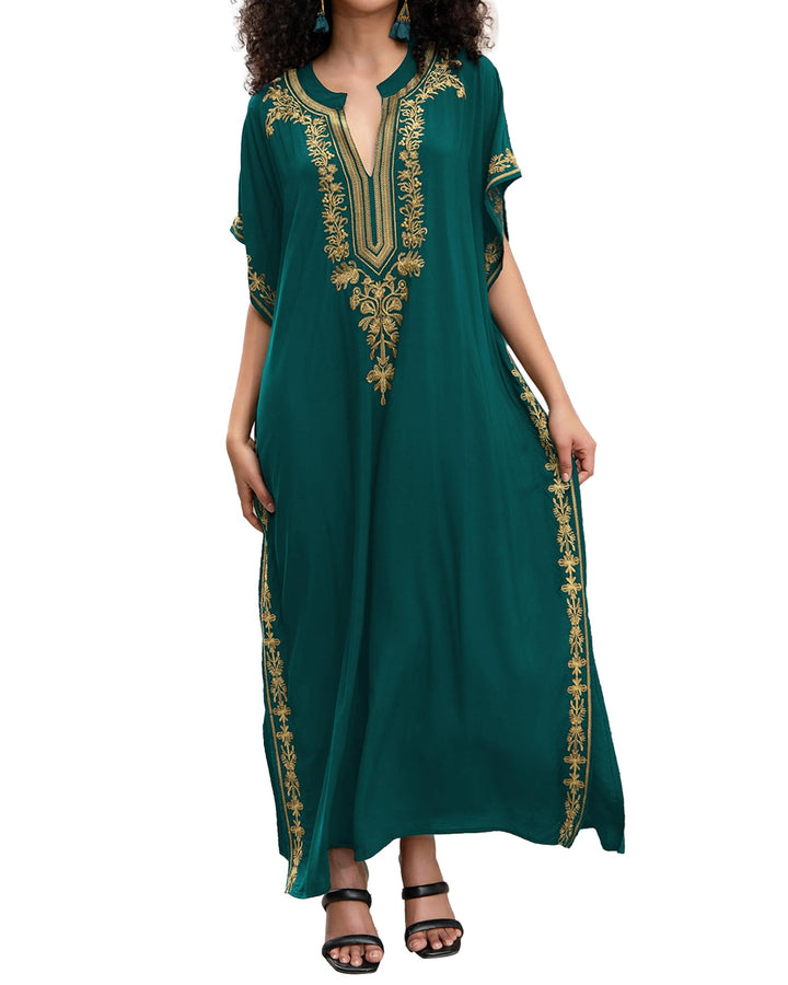 Bsubseach Damen Stickerei Kurzarm Bikini Strandkleid Side Split Beach Kaftan Kleid, S-Dunkelgrü