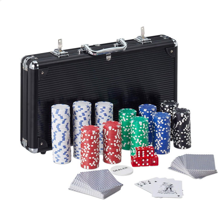 Relaxdays Pokerkoffer, 300 Pokerchips ohne Wert, 2 Kartendecks, 5 Würfel, Dealerbutton, abschliessba