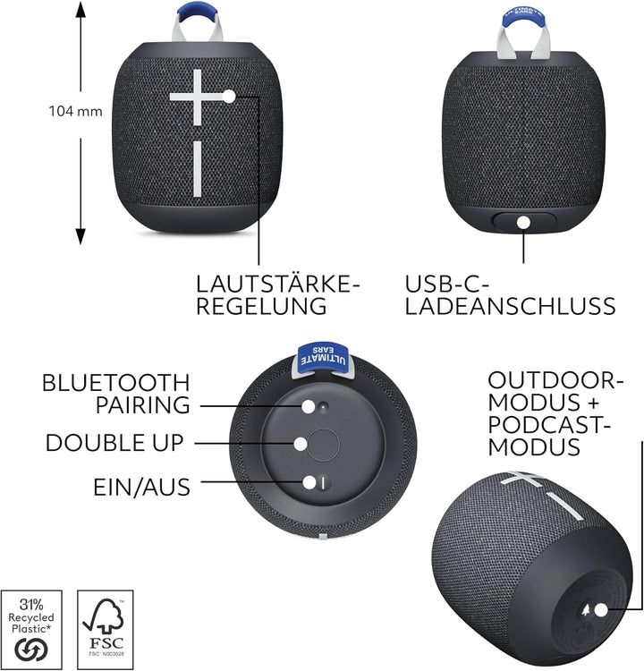 Ultimate Ears Wonderboom 4 – mobiler, wasserdichter Bluetooth-Lautsprecher mit satten Tiefen und 360