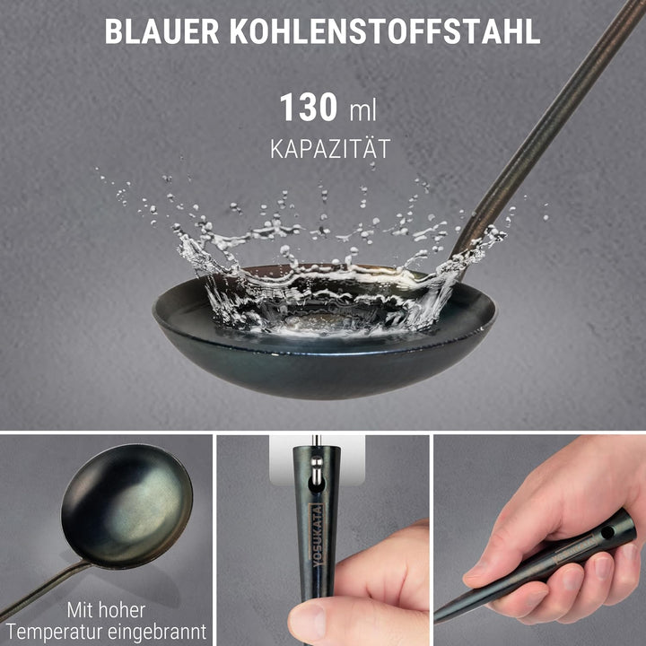 YOSUKATA Wok-Utensilien-Set – blauer Karbonstahl, 43,2 cm, Wok-Spatel, Wok-Schöpflöffel, 3 Paar Esss