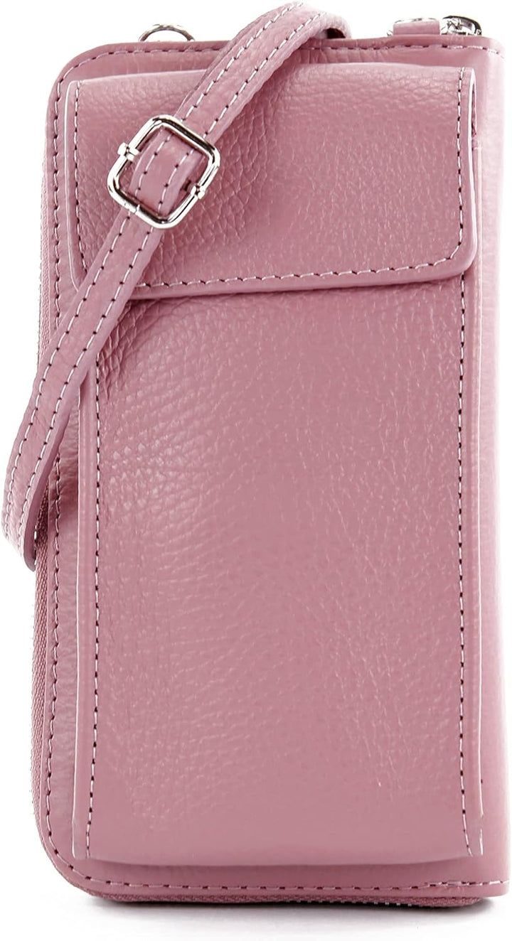 modamoda de - P06 - ital. Damen Umhängetasche Geldbörse Handytasche Leder Altrosa, Altrosa