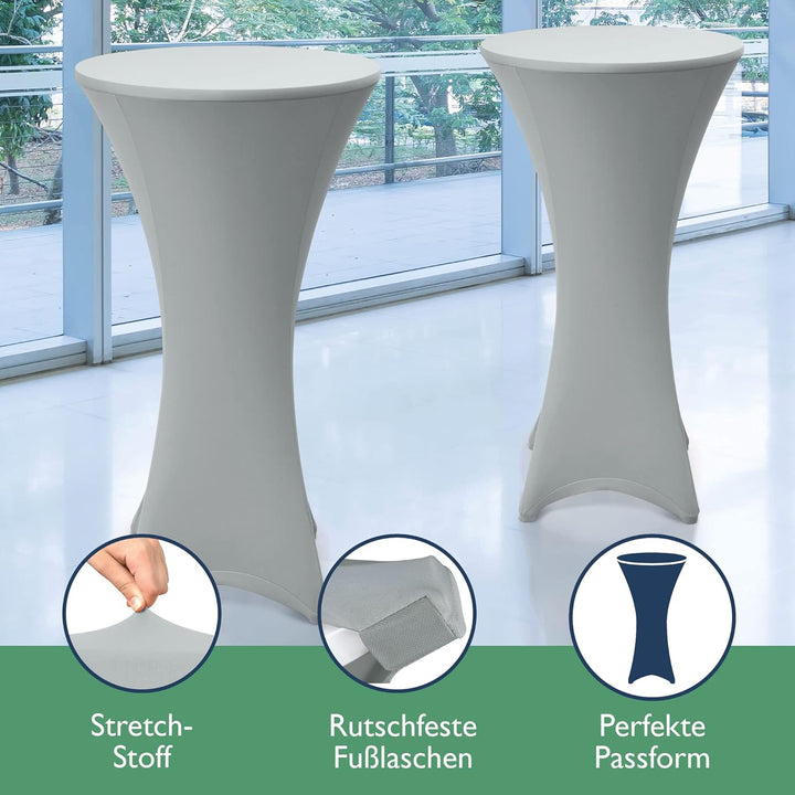 Beautissu 2er Set Stretch Stehtisch Husse Grau Ø 70-75 cm Stella – Verstärkung im Fussbereich & 40°C
