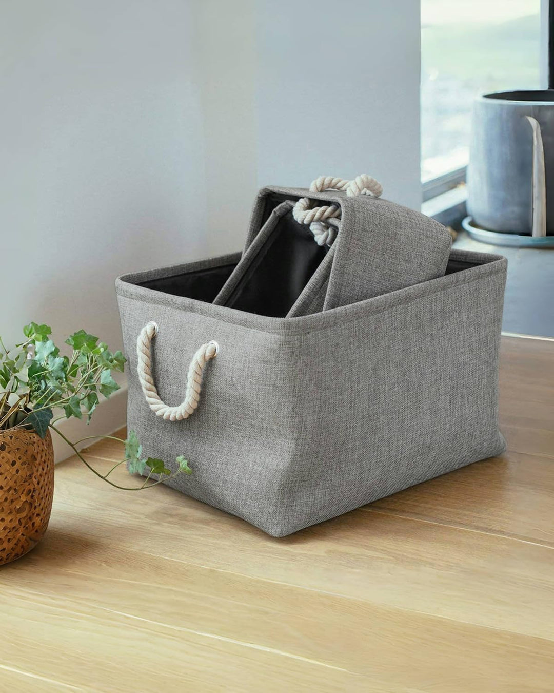 Mangata Aufbewahrungsboxen Stoff, Faltbare Aufbewahrungskorb grau mit Griffen, 3er-Pack (grau, Gross
