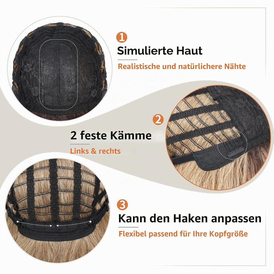 FAELBATY Perücke mit langen Locken blonde Perücke mit Pony Ombre dunkelbraun bis blonde Perücke für