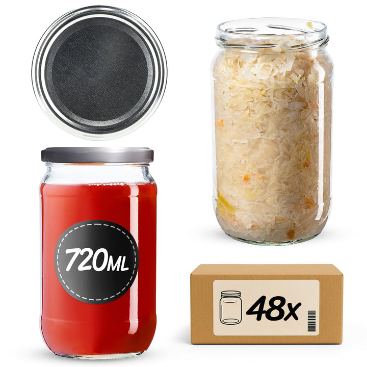 KADAX 48er Set Einmachgläser 720ml TO82 Silber, Grosse Sturzgläser mit Schraubdeckel, Einkochgläser