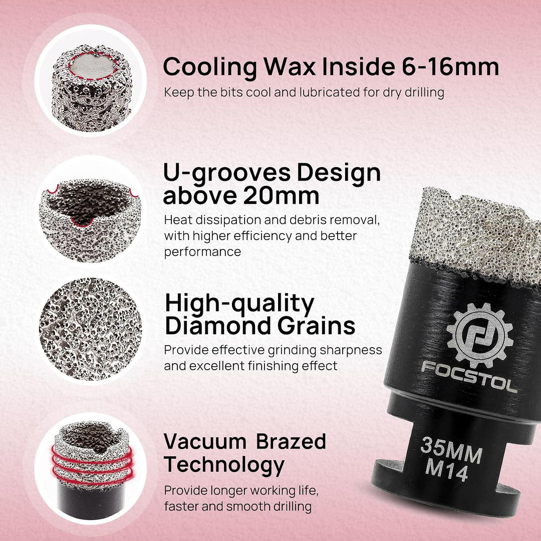FOCSTOL Diamant Fliesenbohrer Set - 6/6/8/20/25/35/50mm+10mm Fingerfräser+35mm Fasenbohrer+Sechskant