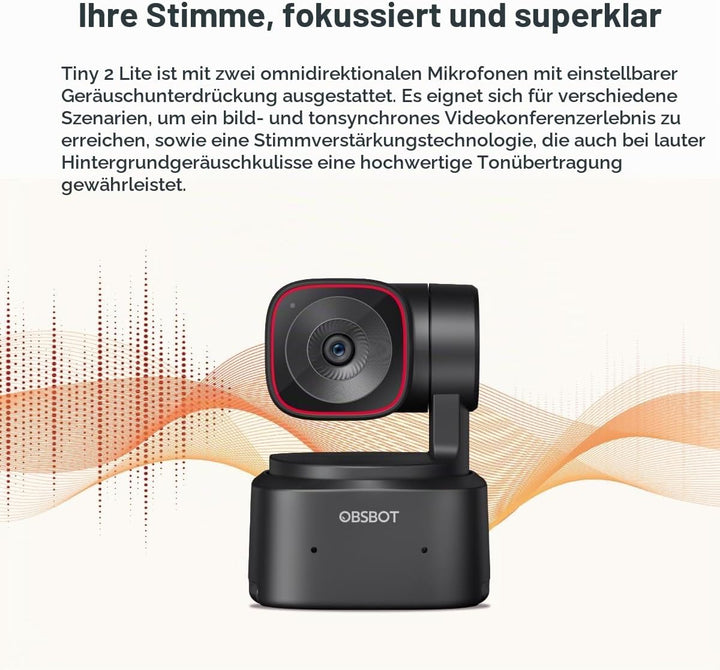 OBSBOT Tiny 2 Lite, PTZ 4K Webcam 1080P@60fps HDR, PC Kamera mit 4X Digitalzoom, KI-Tracking, Microp