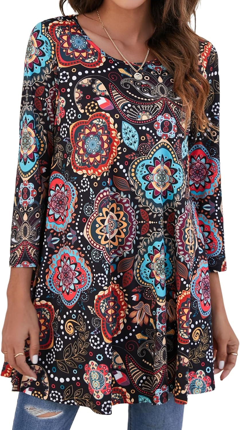 Enmain Damen Tunika Shirt Langarm/Kurzarm Longshirt Paisley Blumen 3/4 ärmel Locker Tops Sitzende Ob