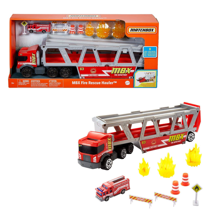 Matchbox GWM23 - Matchbox Construction Hauler mit 1 Feuerwehrfahrzeug und 8 Zubehörteilen, Spielzeug
