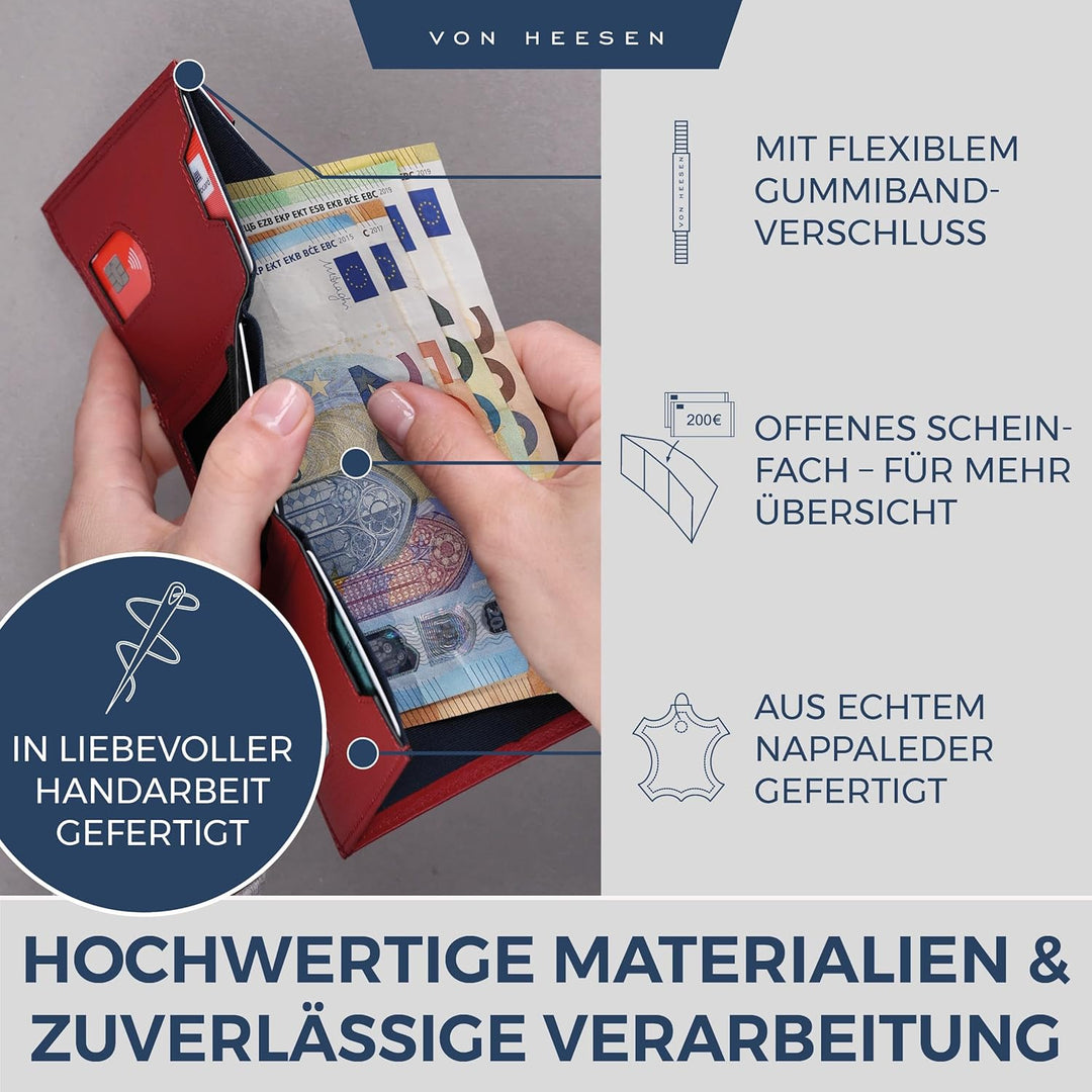 VON HEESEN Slim Wallet mit Münzfach & RFID-Schutz - Leder Geldbeutel - Mini Geldbörse für Herren und