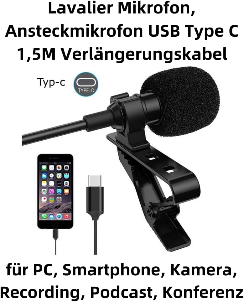 N33CS USB Type-C Lavalier Mikrofon für Android Smartphones – Mini Lavalier Mikrofon mit 1,5 m Kabel