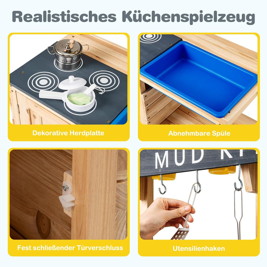 COSTWAY Matschküche Kinder Outdoor, Spielküche mit abnehmbarem Waschbecken & Zubehör, Holz Kinderküc