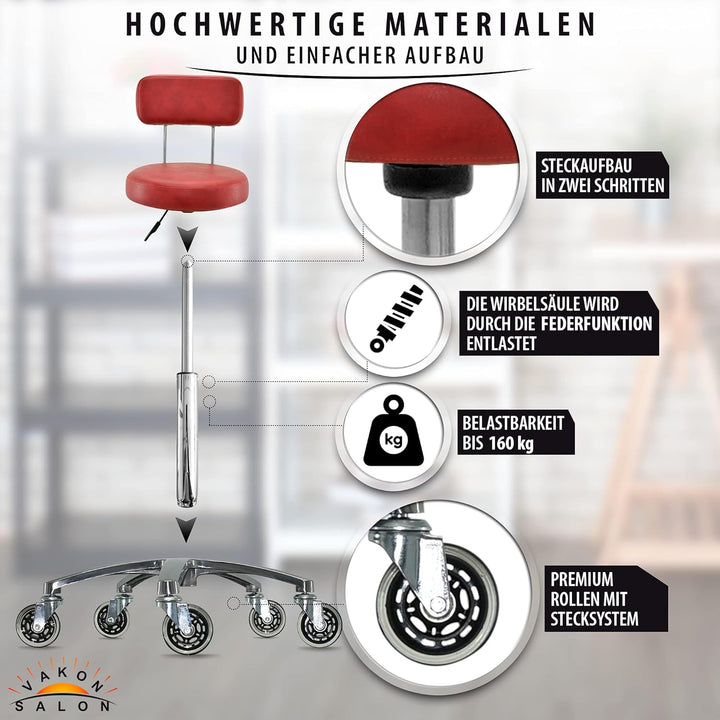 Premium Rollhocker mit Lehne in Rot - Höhenverstellbar von 50 bis 65 cm - Rundsitz - Drehhocker Arbe