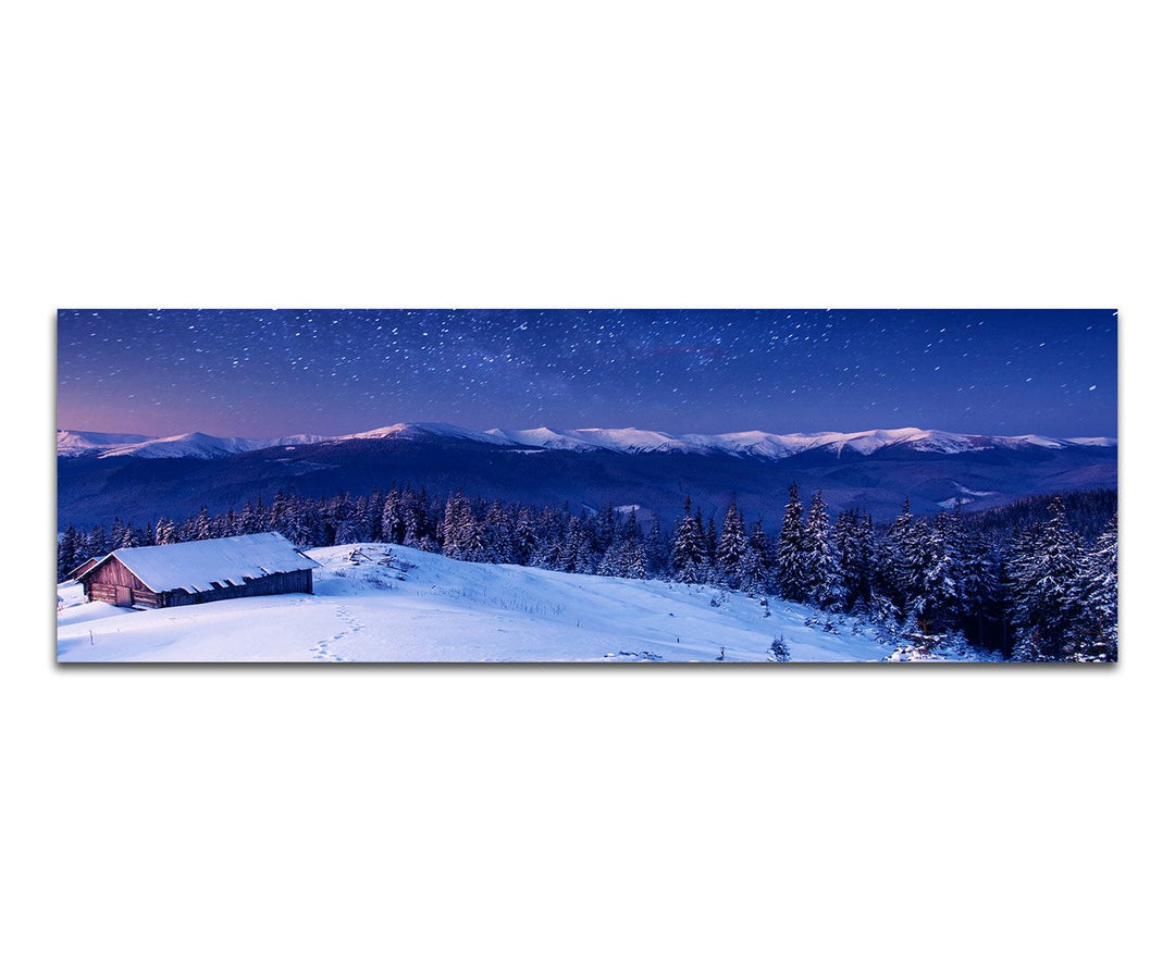 Paul Sinus Art Panoramabild auf Leinwand und Keilrahmen 150x50cm Ukraine Wald Berge Schnee Hütte Mil