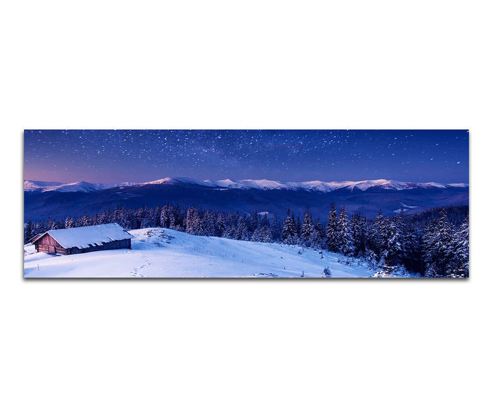 Paul Sinus Art Panoramabild auf Leinwand und Keilrahmen 150x50cm Ukraine Wald Berge Schnee Hütte Mil